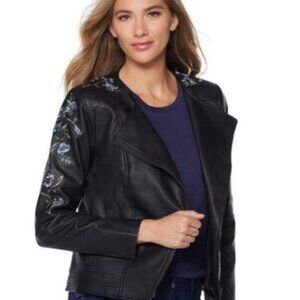 G by Giuliana Black Faux leather moto jacket with floral embroidery Size S